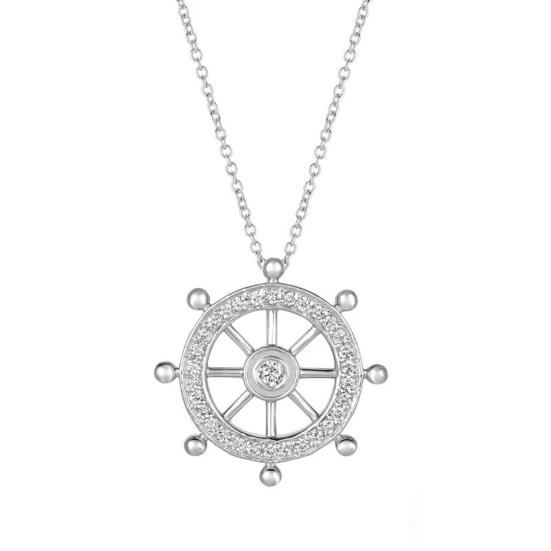 0.50 Carat Natural Diamond Ship Wheel Necklace 14K White Gold G SI 18'' chain