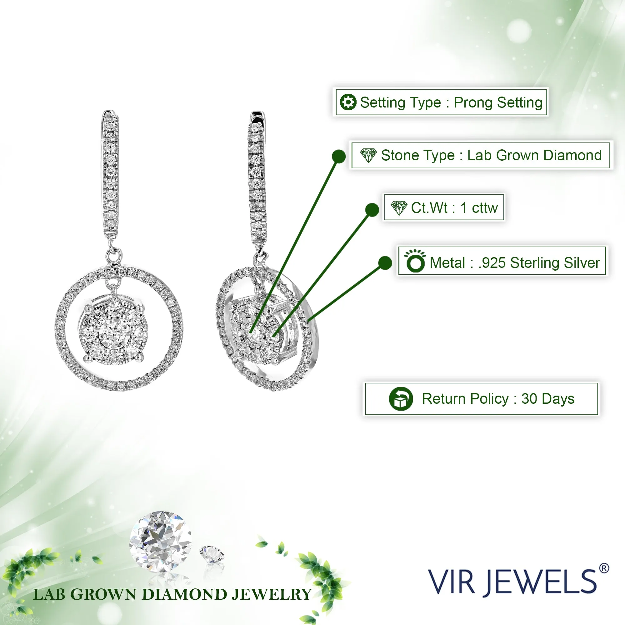 1 cttw Lab Grown Diamond Dangle Earring in Sterling Silver