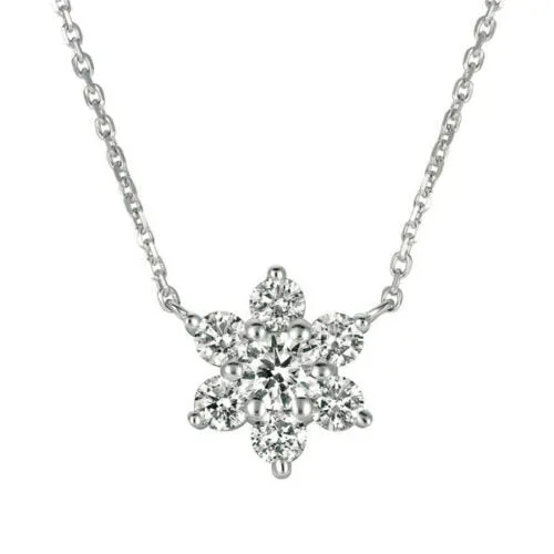1.00 Carat Natural Diamond Flower Necklace 14K White Gold G SI 18''