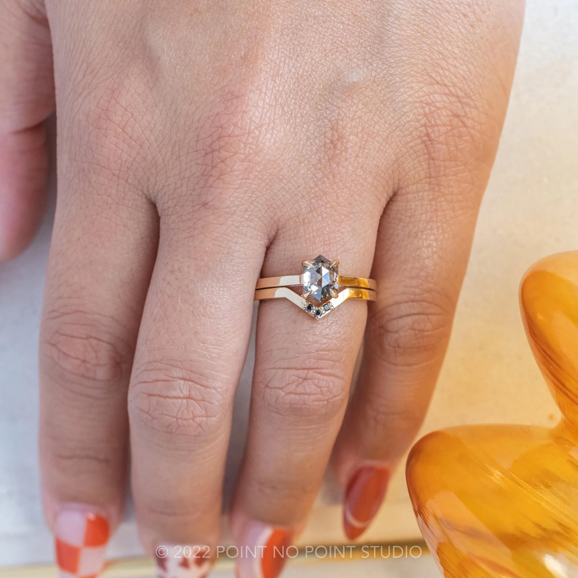 1.04 Carat Salt and Pepper Hexagon Diamond Engagement Ring, Lark Setting, 14K Yellow Gold