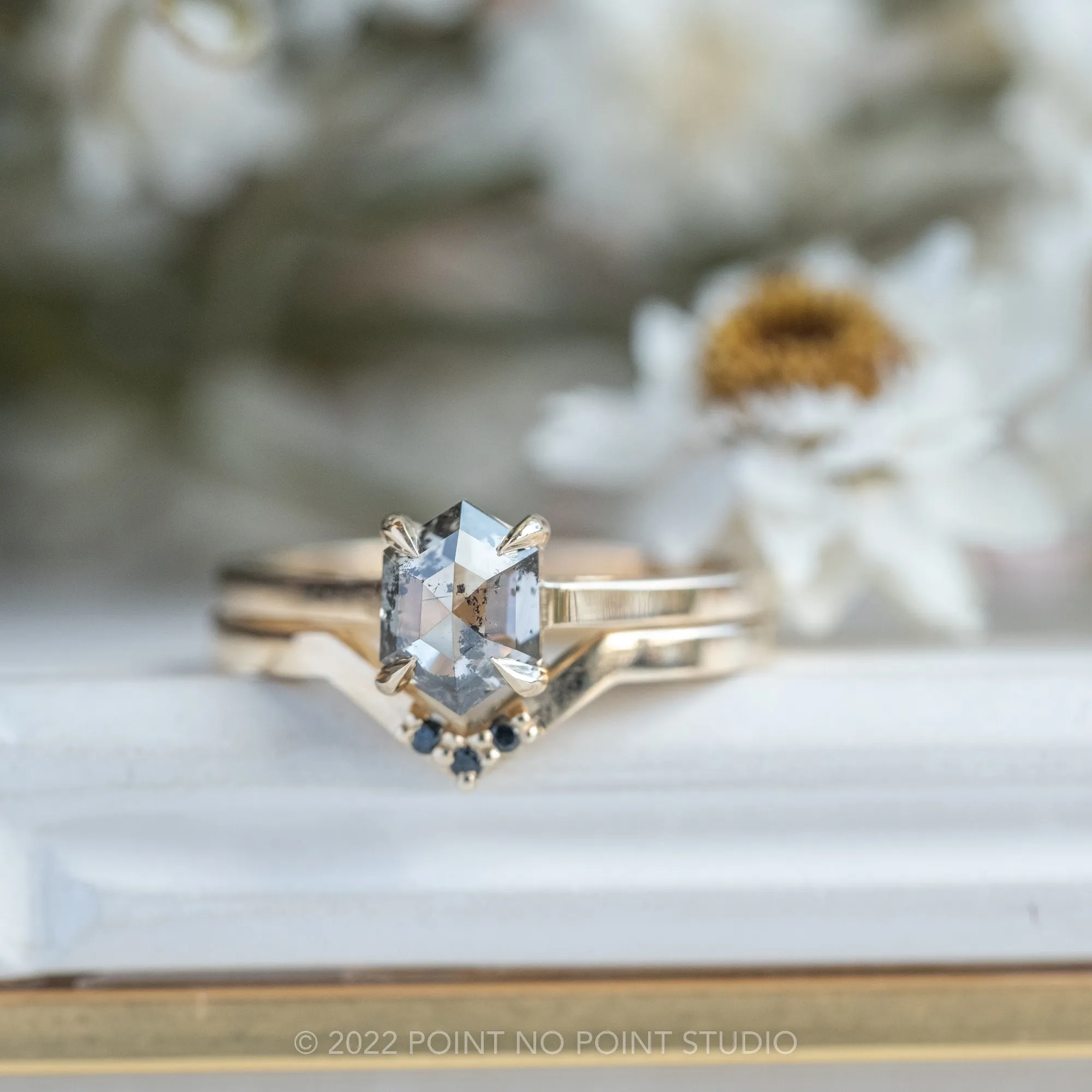 1.04 Carat Salt and Pepper Hexagon Diamond Engagement Ring, Lark Setting, 14K Yellow Gold