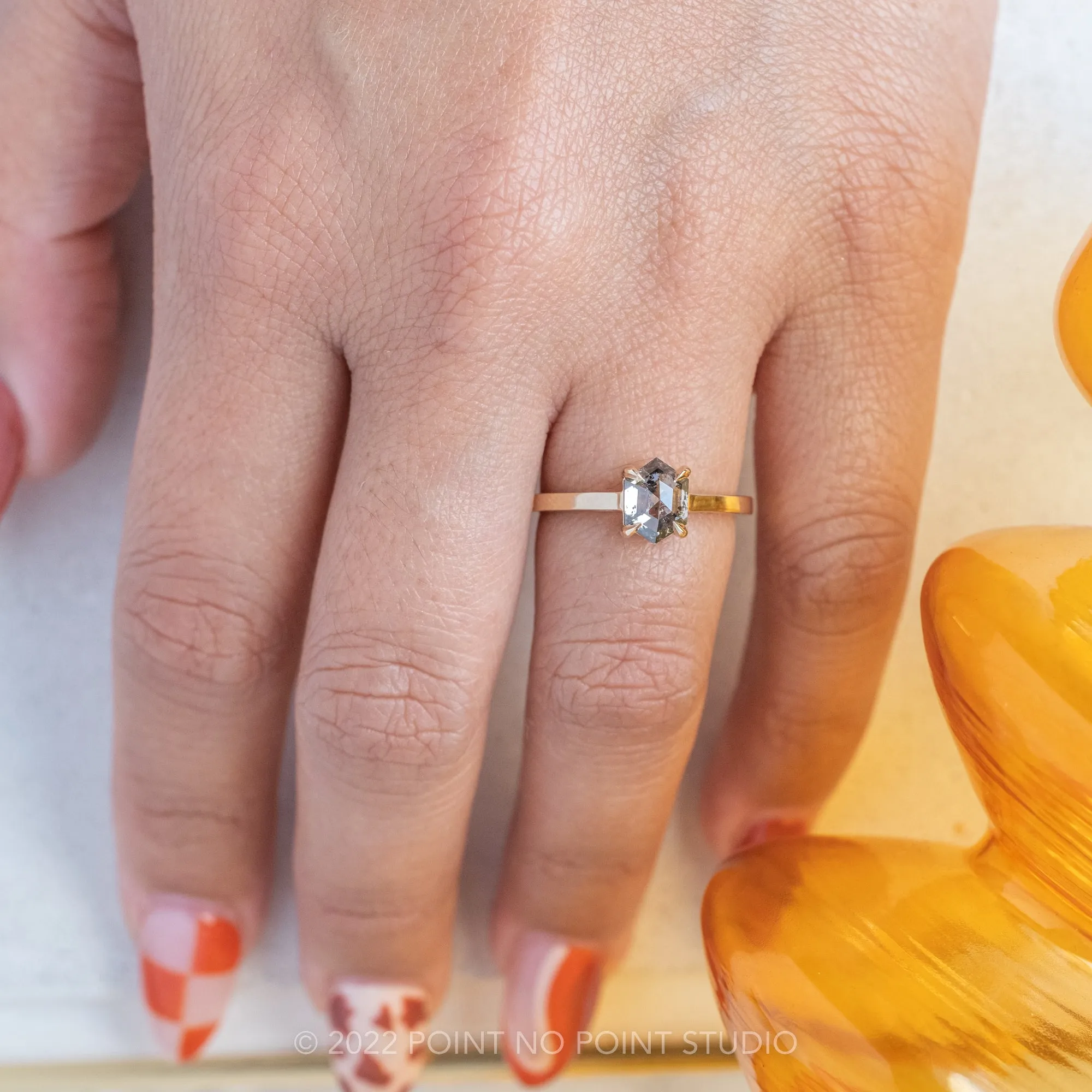 1.04 Carat Salt and Pepper Hexagon Diamond Engagement Ring, Lark Setting, 14K Yellow Gold