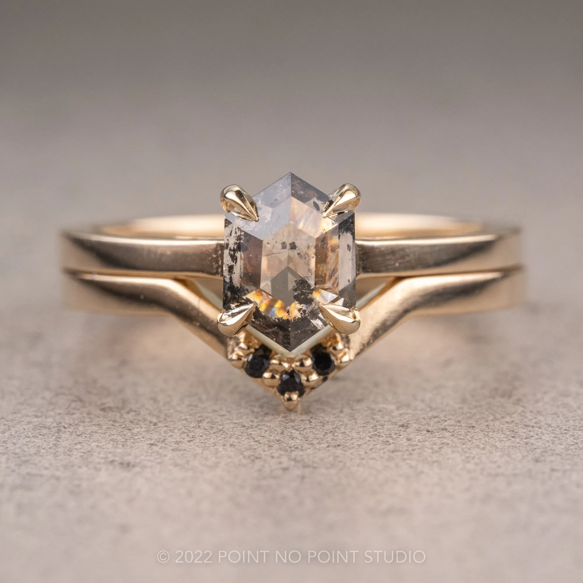 1.04 Carat Salt and Pepper Hexagon Diamond Engagement Ring, Lark Setting, 14K Yellow Gold