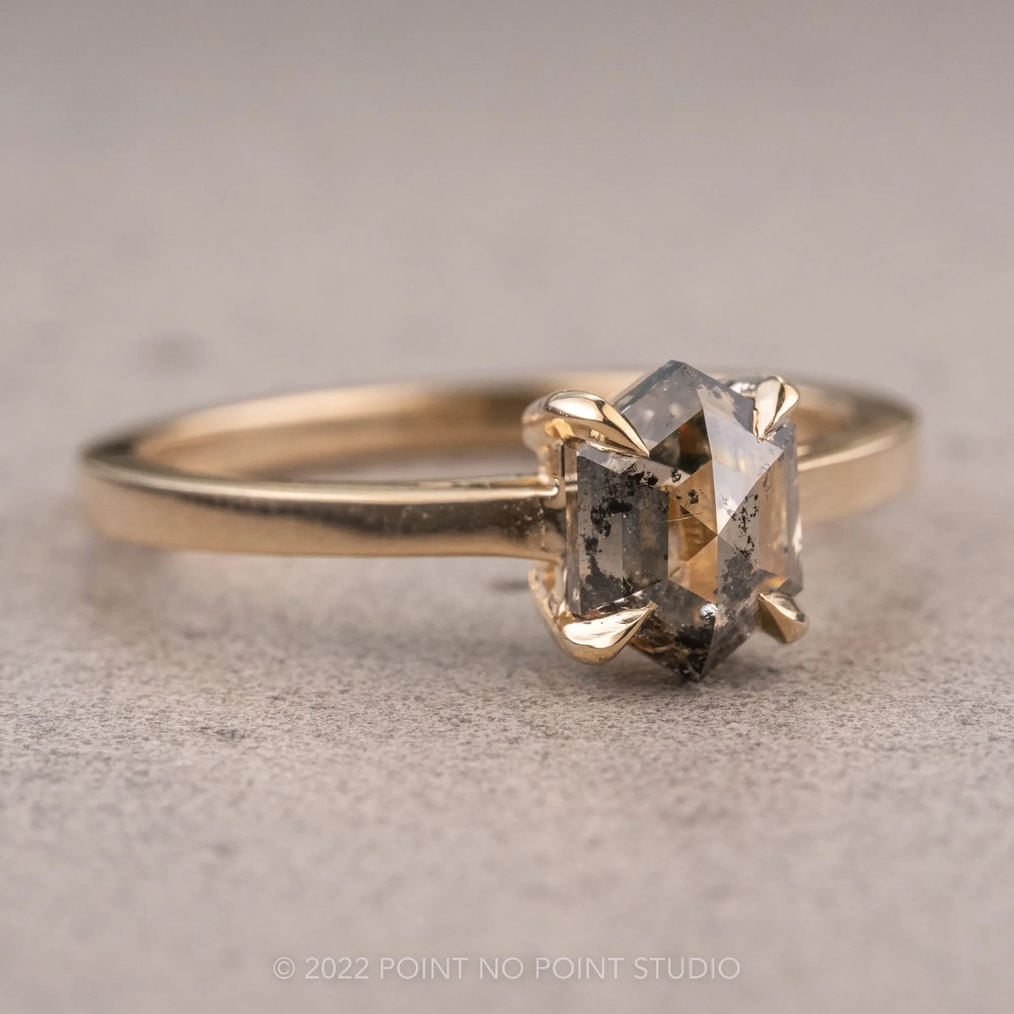1.04 Carat Salt and Pepper Hexagon Diamond Engagement Ring, Lark Setting, 14K Yellow Gold
