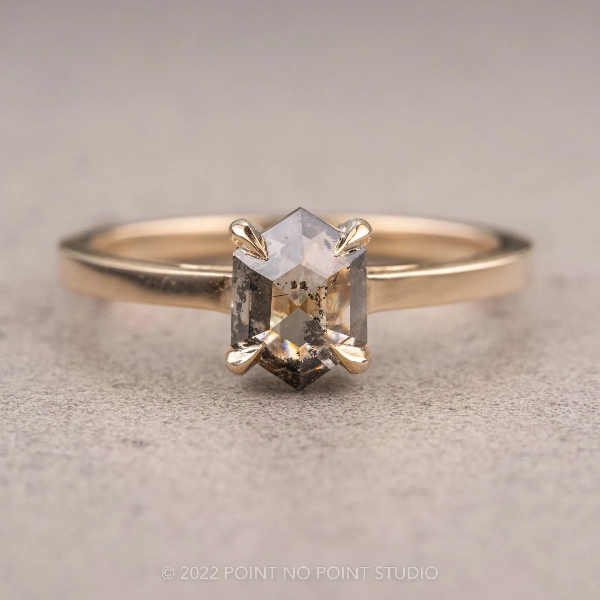 1.04 Carat Salt and Pepper Hexagon Diamond Engagement Ring, Lark Setting, 14K Yellow Gold
