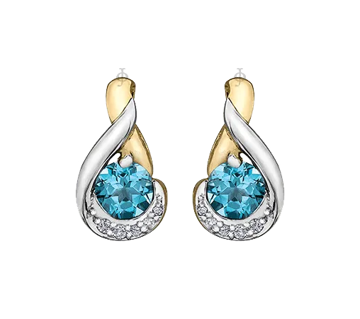 10k White and Yellow Gold Blue Topaz and Diamond Fancy Stud Earring