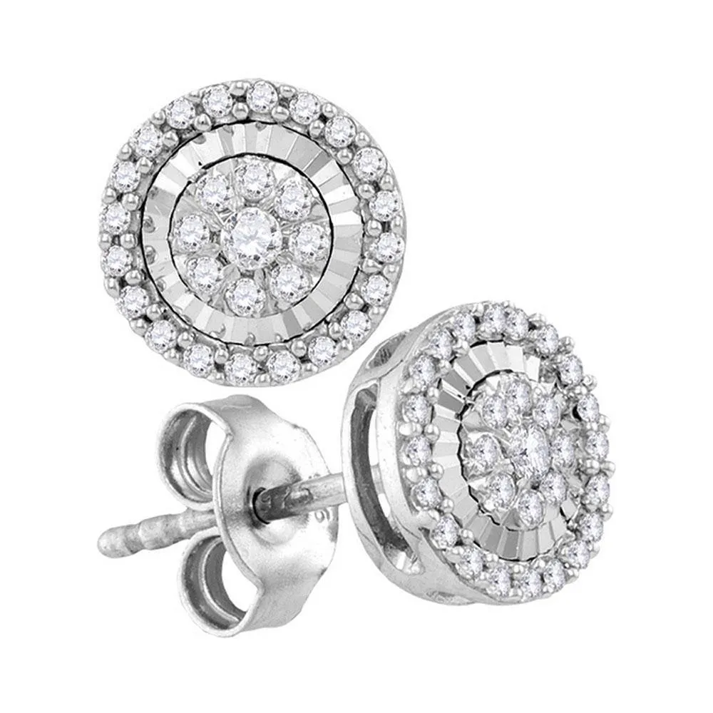 10K White Gold Round Diamond Framed Flower Cluster Screwback Earrings 1/3 Cttw