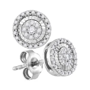 10K White Gold Round Diamond Framed Flower Cluster Screwback Earrings 1/3 Cttw