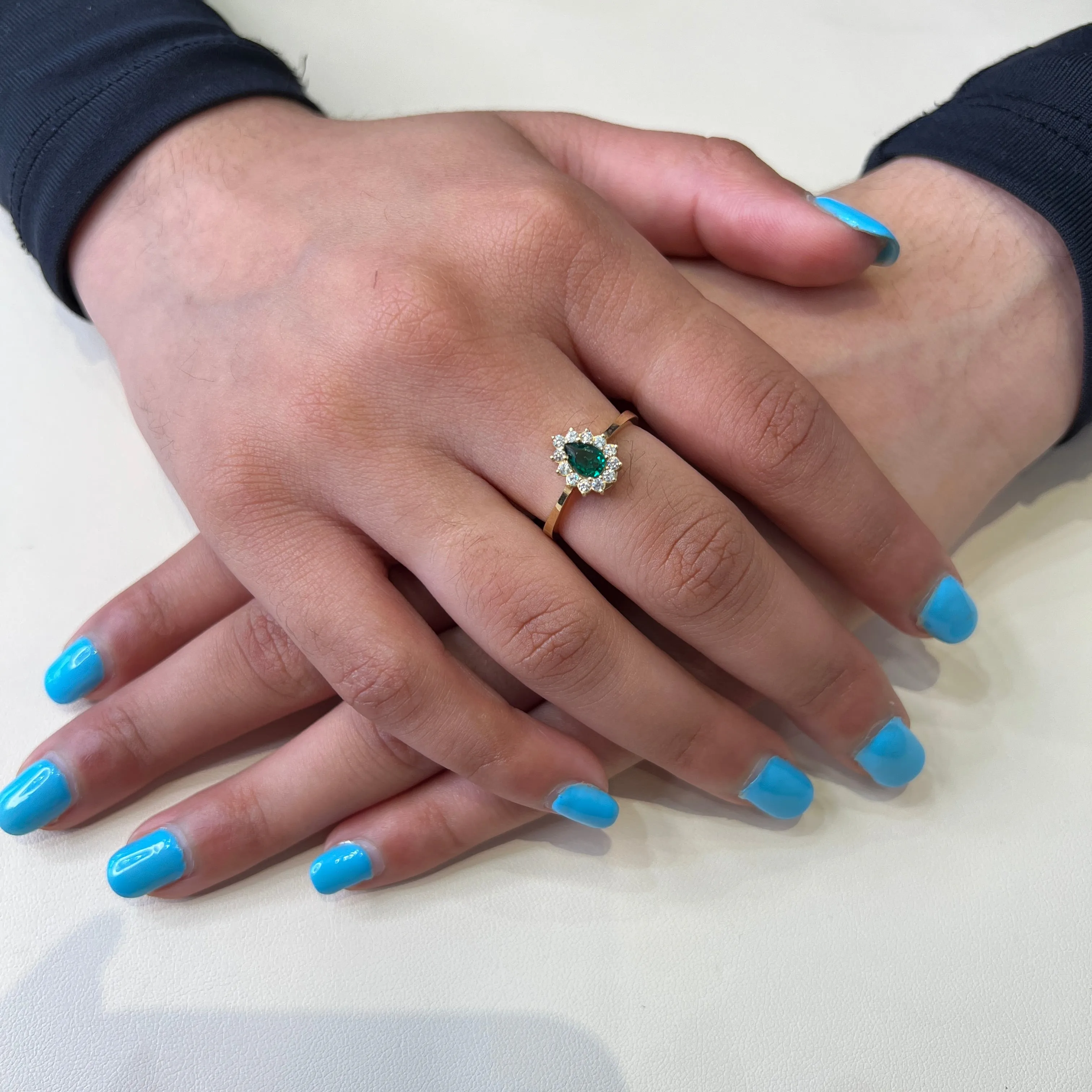 10K Yellow Gold Pear Shaped Green and White CZ Ring