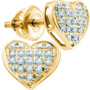 10K Yellow Gold Round Diamond Heart Cluster Earrings 1/10 Cttw