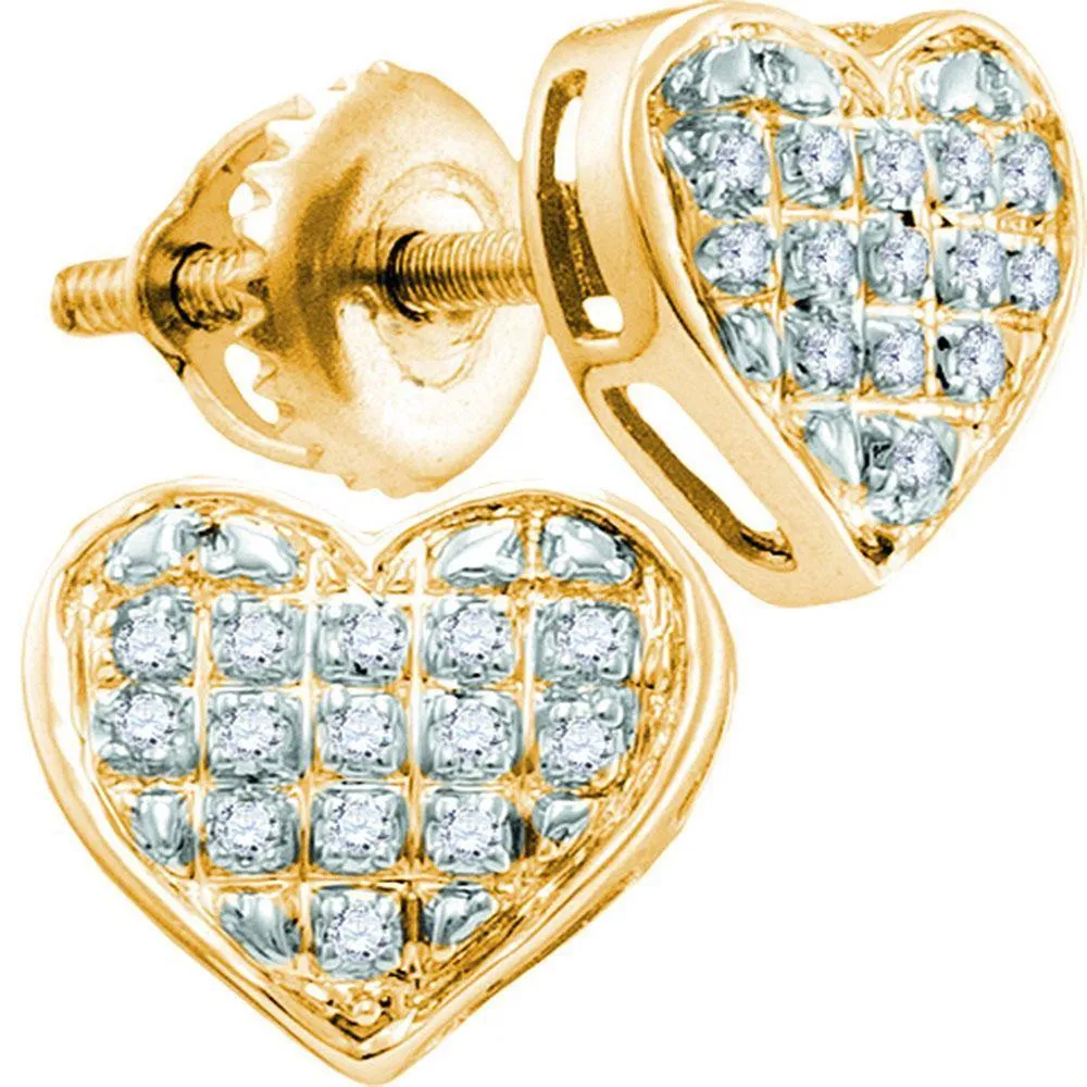 10K Yellow Gold Round Diamond Heart Cluster Earrings 1/10 Cttw