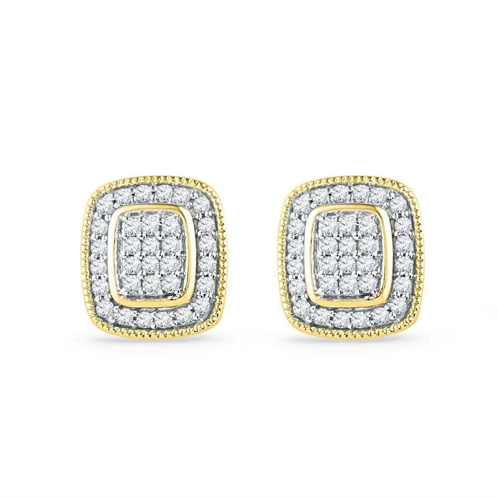 10K Yellow Gold Round Diamond Square Cluster Stud Earrings 1/4 Cttw