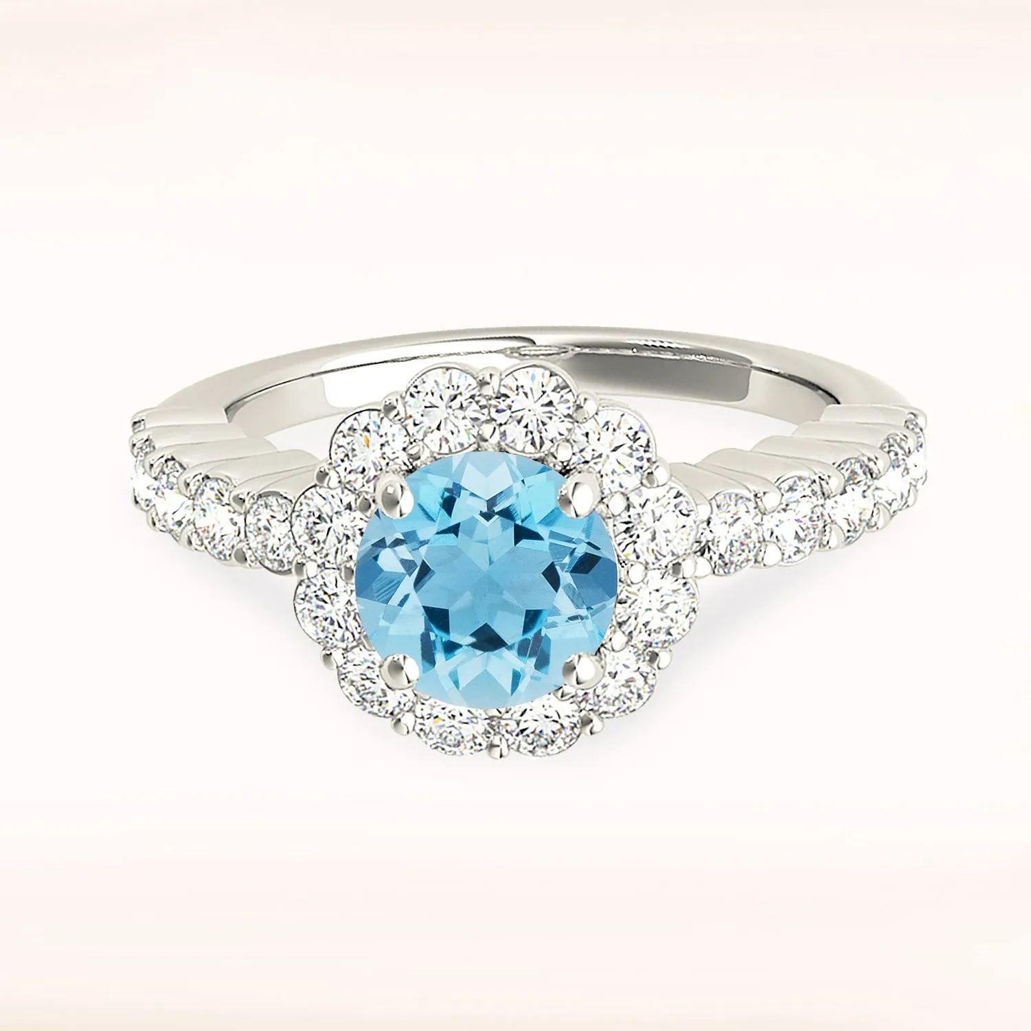 1.10 ct. Genuine Aquamarine Ring Floral Halo Style