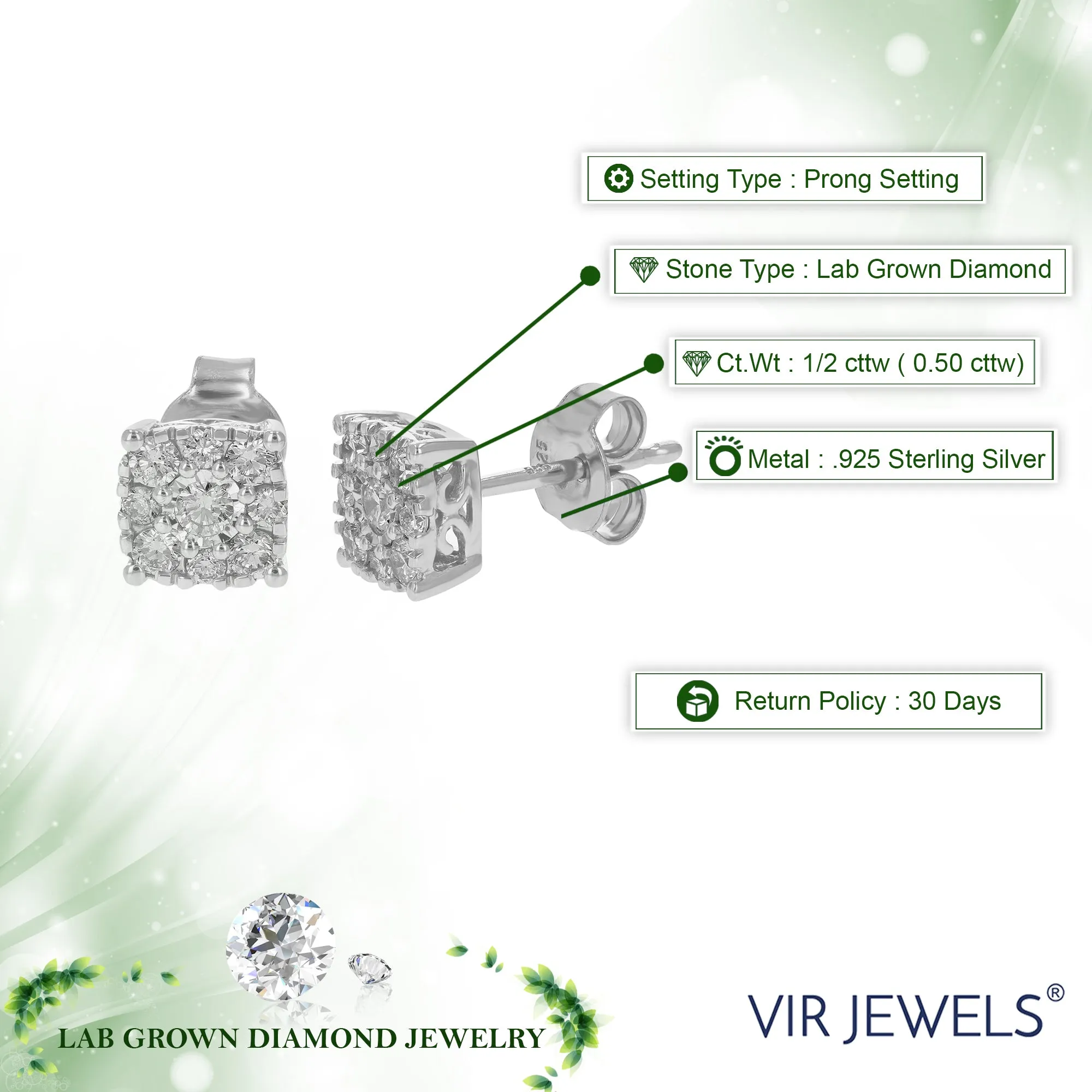 1/2 cttw Lab Grown Diamond Princess Stud Earrings Sterling Silver