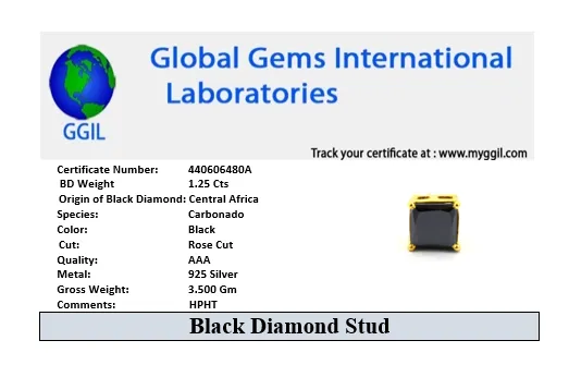 1.25 Ct AAA Certified Princess Cut Black Diamond Solitaire Studs in Yellow Finish, Gift for Anniversary, Birthday
