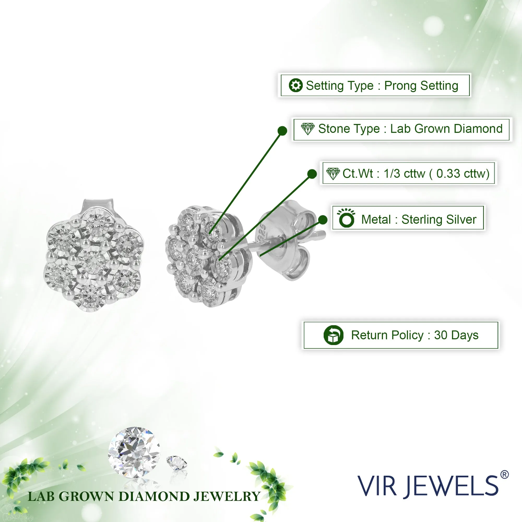 1/3 cttw Lab Grown Diamond Flower Stud Earrings Sterling Silver
