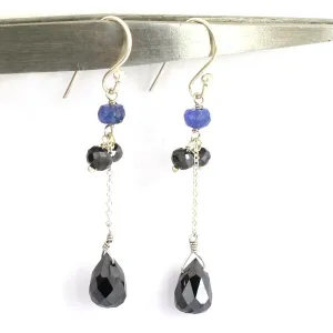 13.30 Ct Delicate Black Diamond with Tanzanite Beads Dangler Earrings in 925 Silver. Excellent Quality with Great Shine