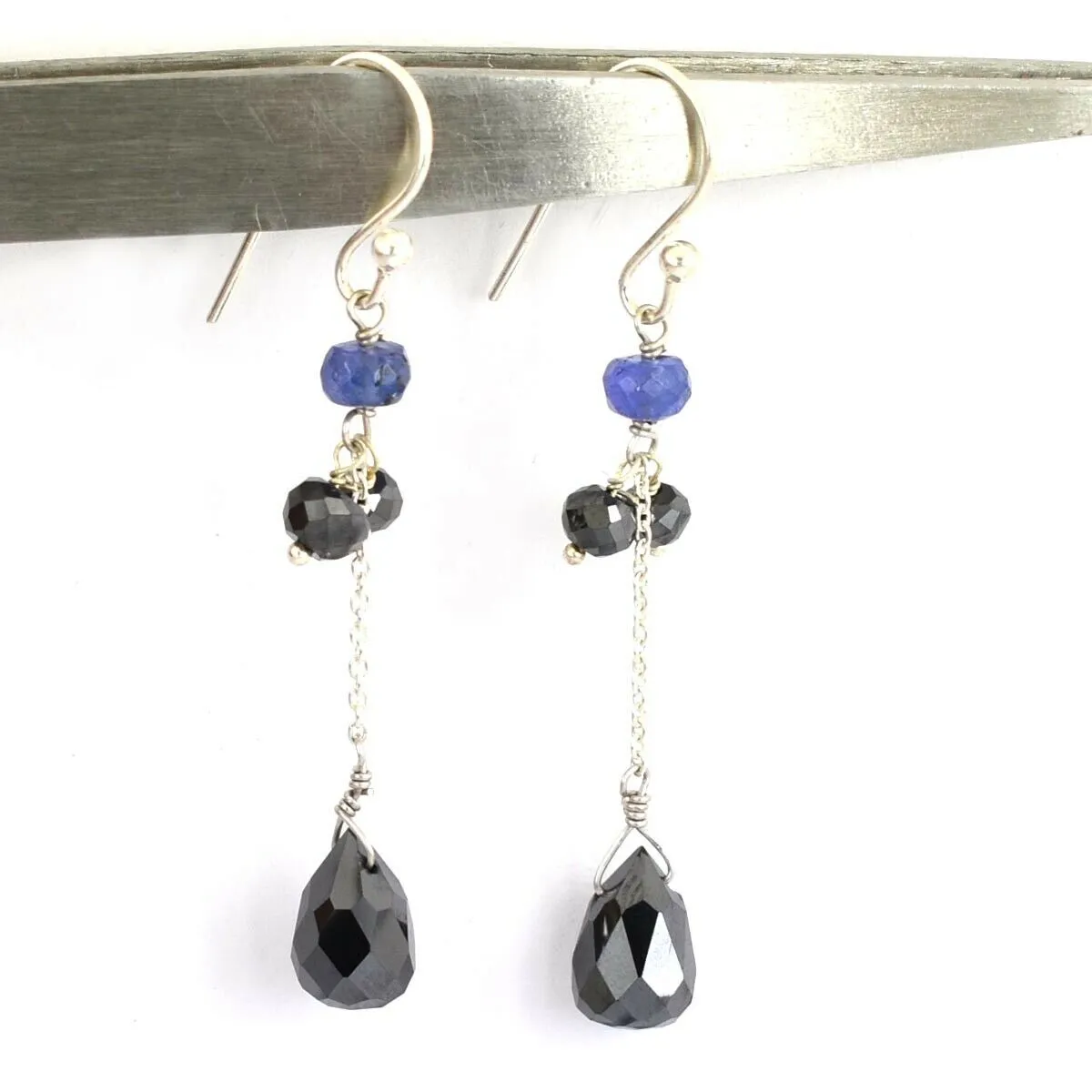 13.30 Ct Delicate Black Diamond with Tanzanite Beads Dangler Earrings in 925 Silver. Excellent Quality with Great Shine
