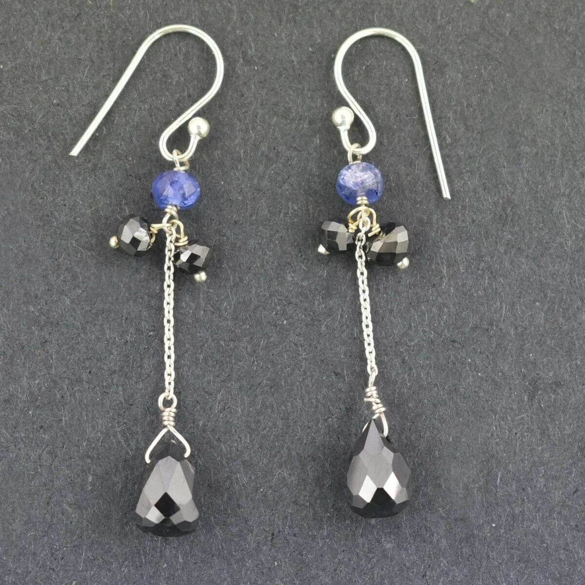 13.30 Ct Delicate Black Diamond with Tanzanite Beads Dangler Earrings in 925 Silver. Excellent Quality with Great Shine