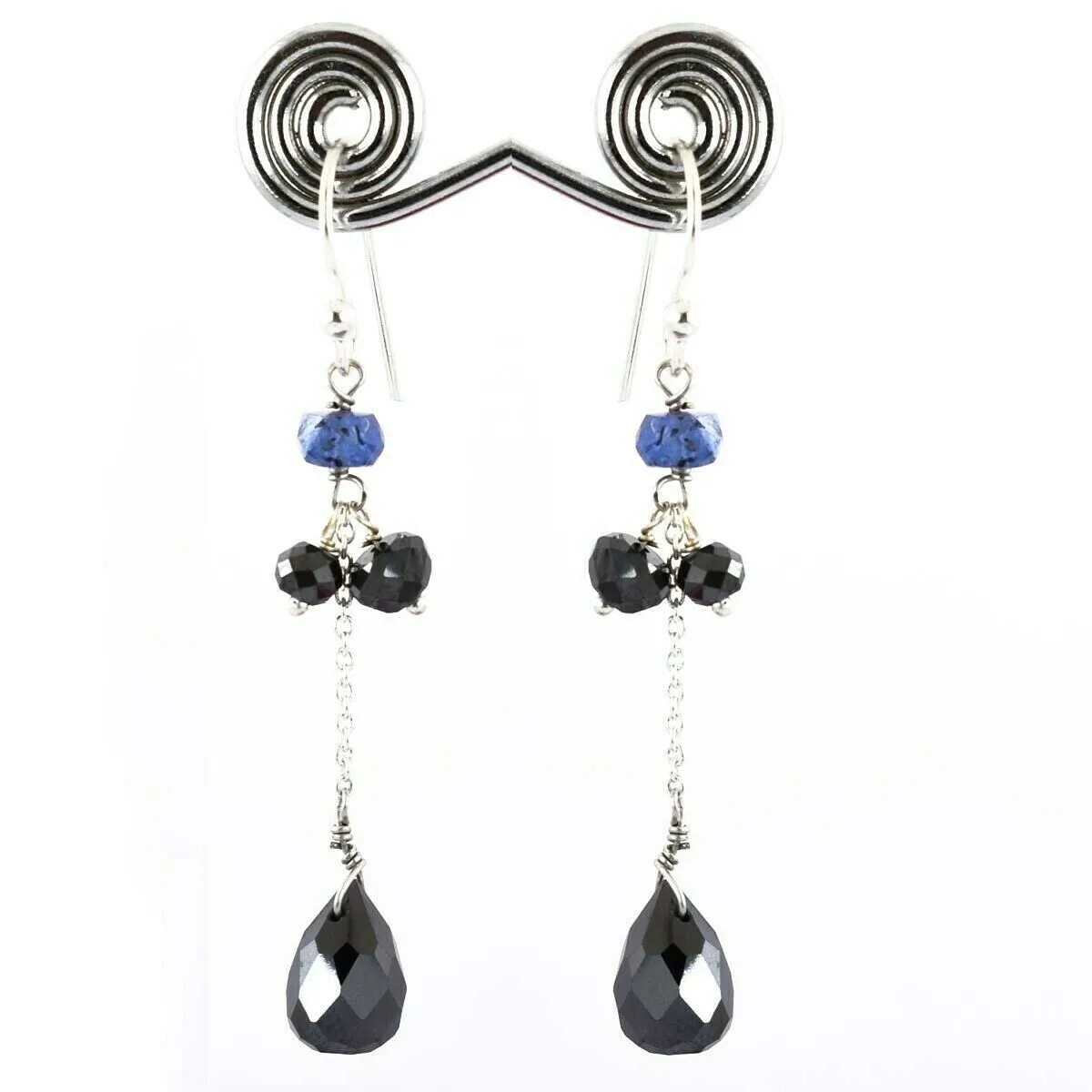 13.30 Ct Delicate Black Diamond with Tanzanite Beads Dangler Earrings in 925 Silver. Excellent Quality with Great Shine