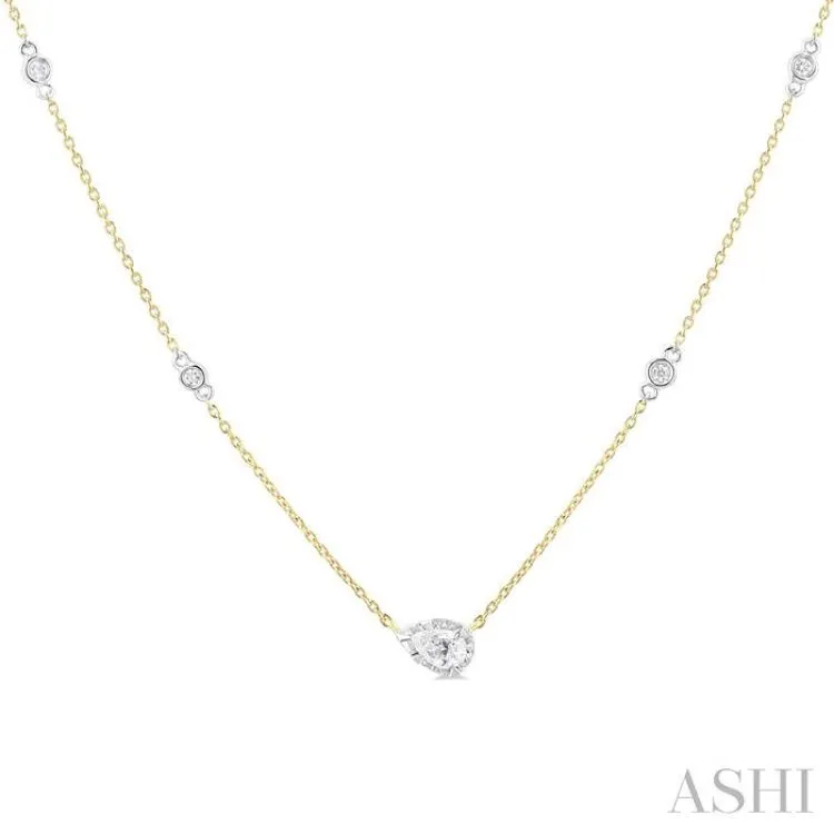 1/4 ctw Bezel Set Pear and Round Cut Diamond Station Necklace in 14K Yellow and White Gold