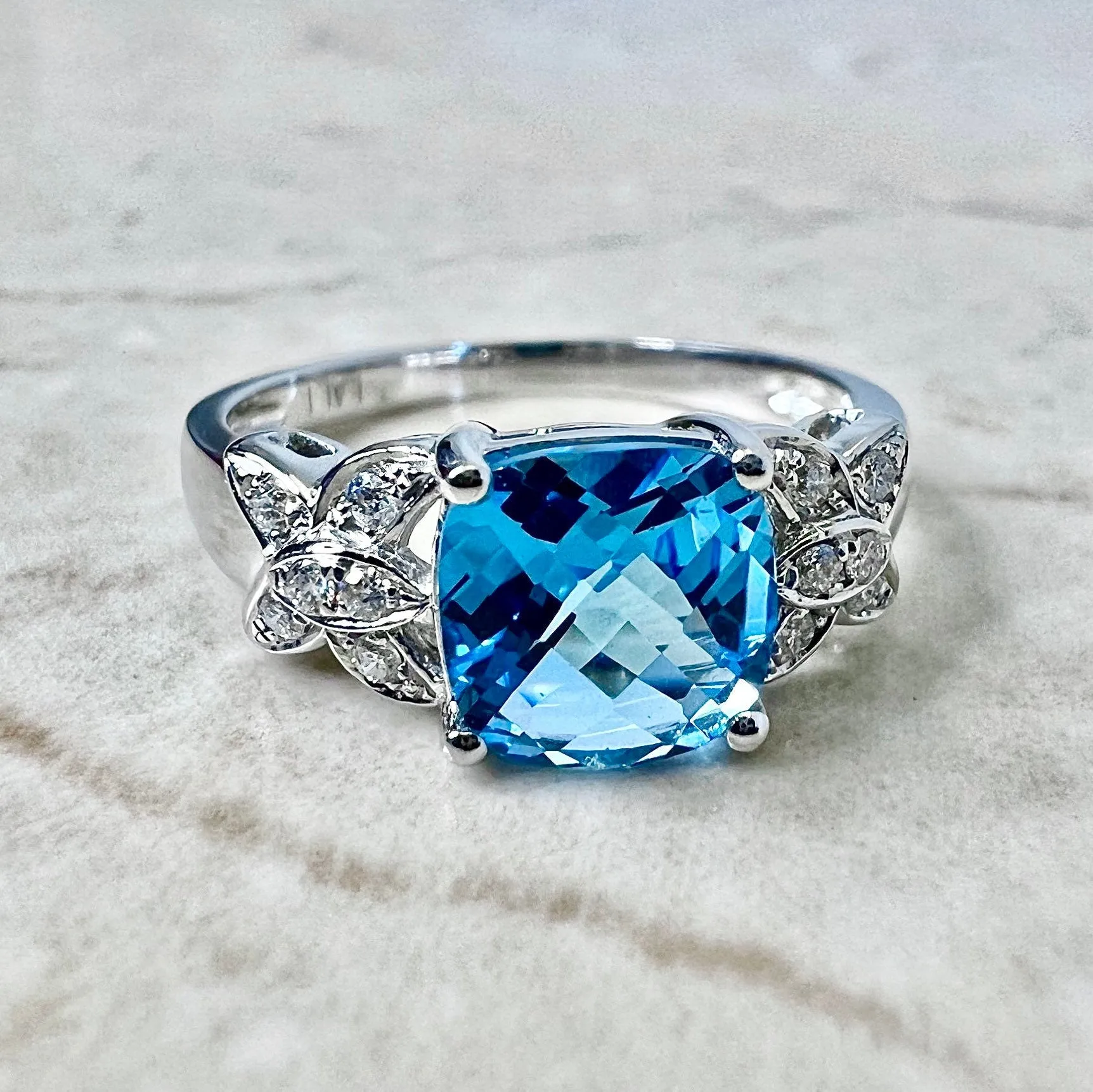 14 Karat White Gold Swiss Blue Topaz & Diamond Ring And Earrings Set