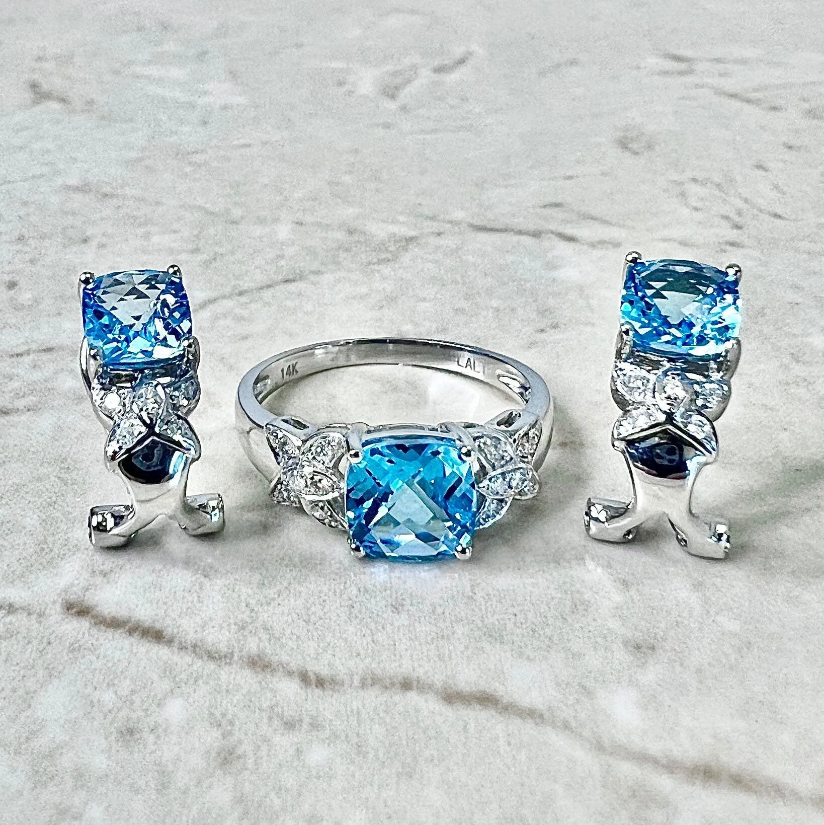 14 Karat White Gold Swiss Blue Topaz & Diamond Ring And Earrings Set