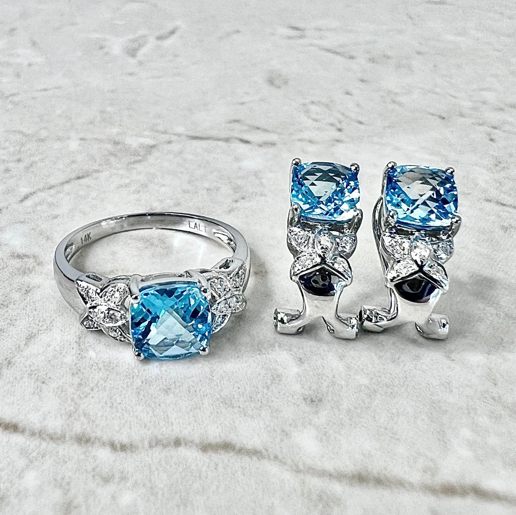 14 Karat White Gold Swiss Blue Topaz & Diamond Ring And Earrings Set