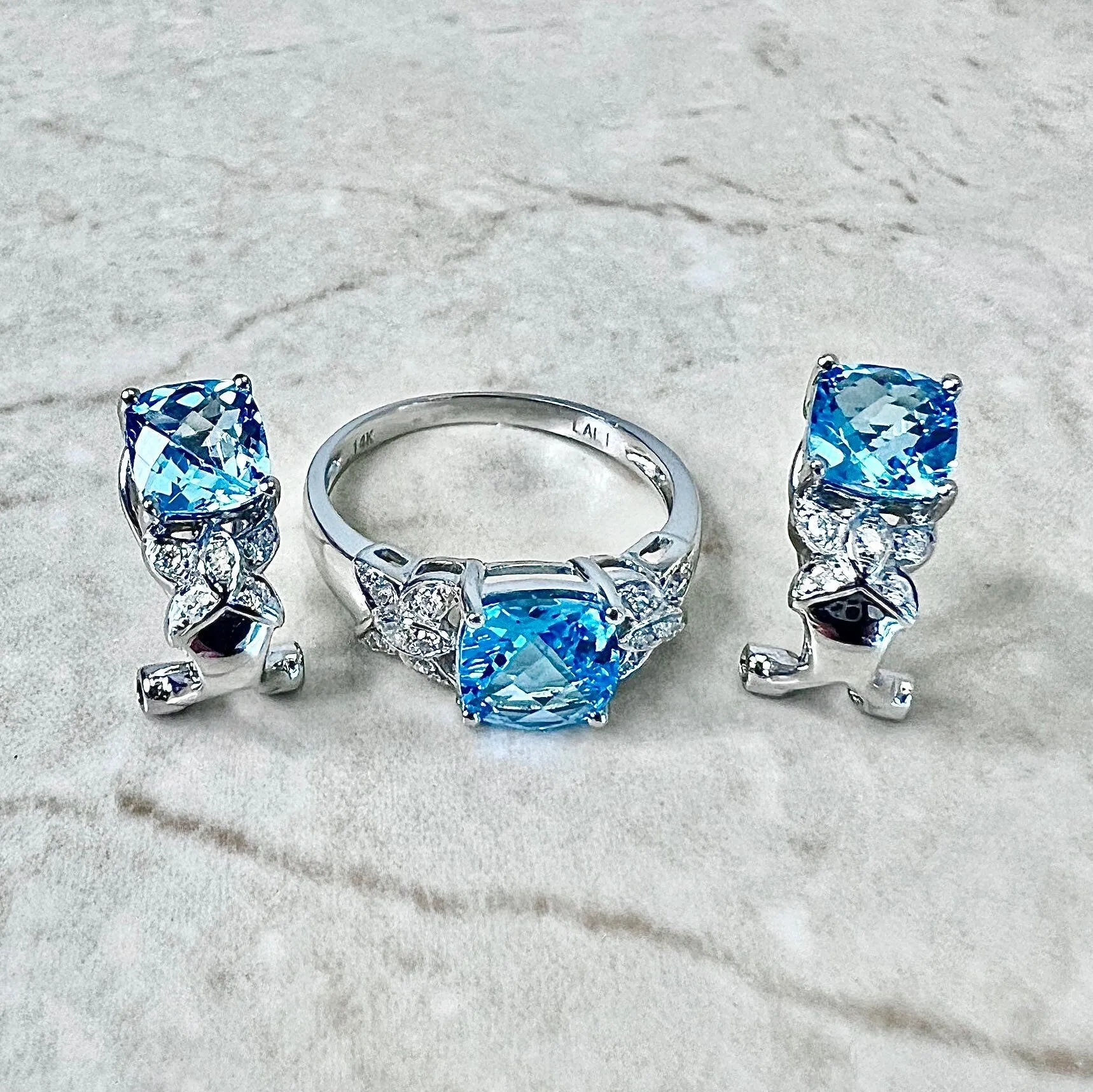 14 Karat White Gold Swiss Blue Topaz & Diamond Ring And Earrings Set