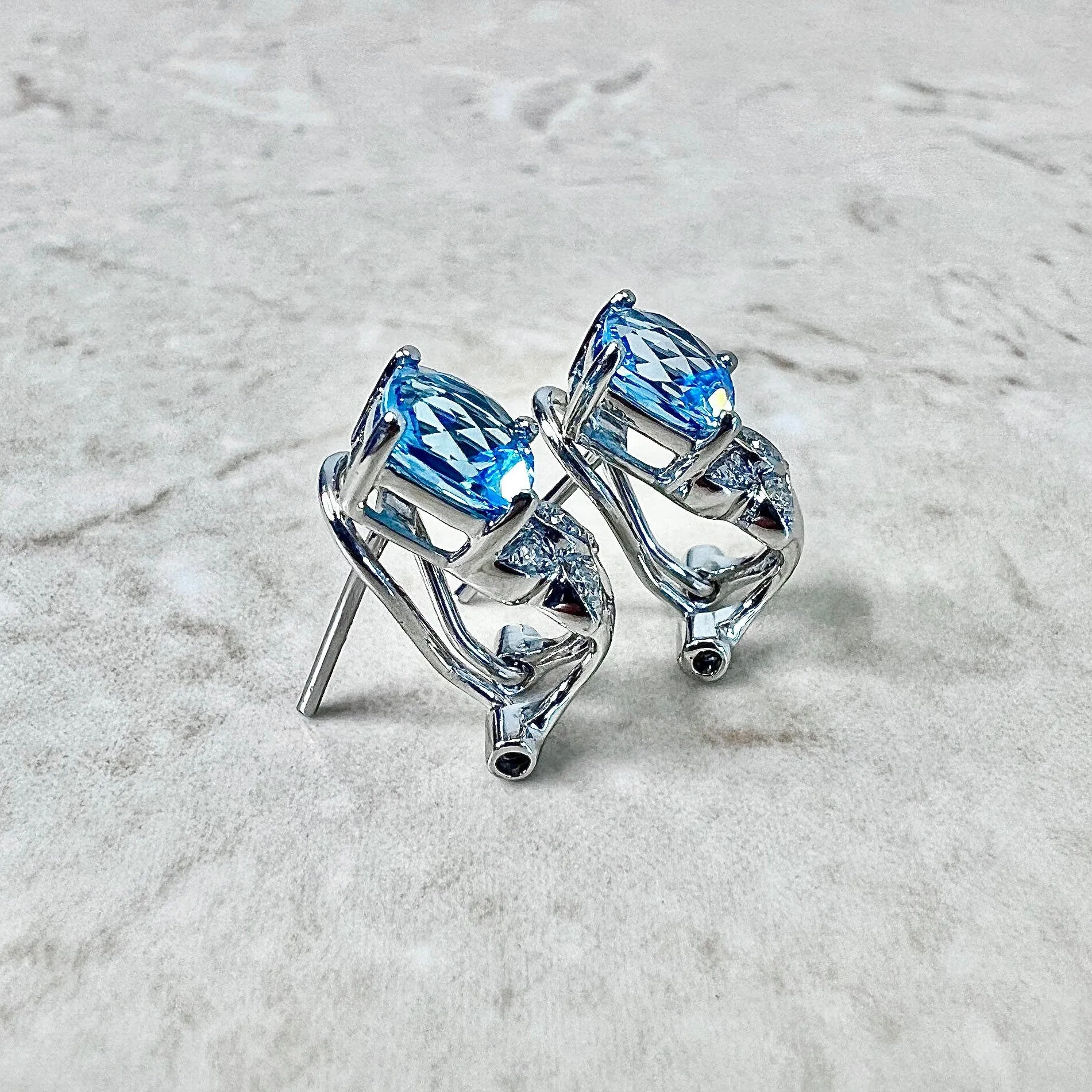 14 Karat White Gold Swiss Blue Topaz & Diamond Ring And Earrings Set