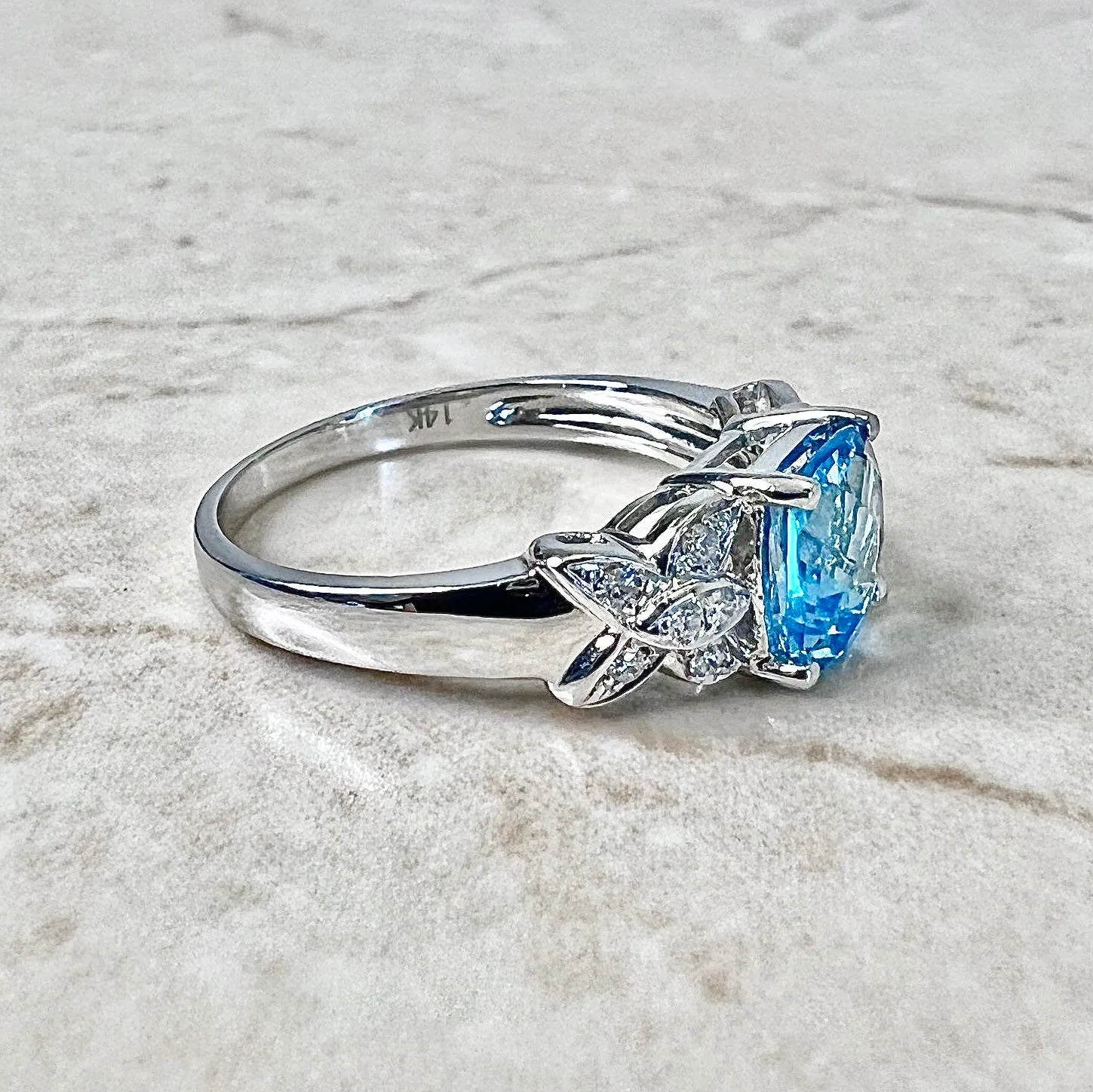 14 Karat White Gold Swiss Blue Topaz & Diamond Ring And Earrings Set