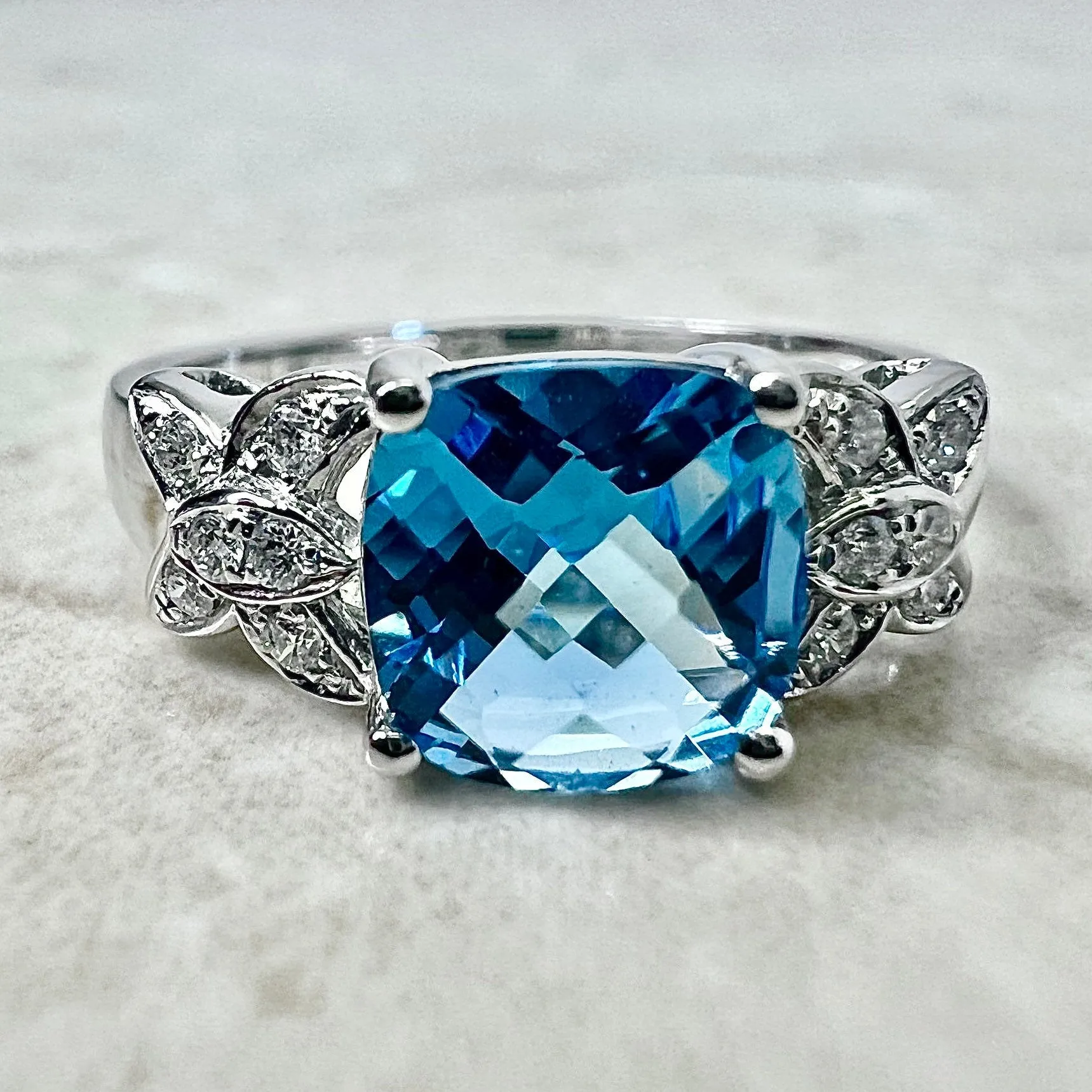 14 Karat White Gold Swiss Blue Topaz & Diamond Ring And Earrings Set