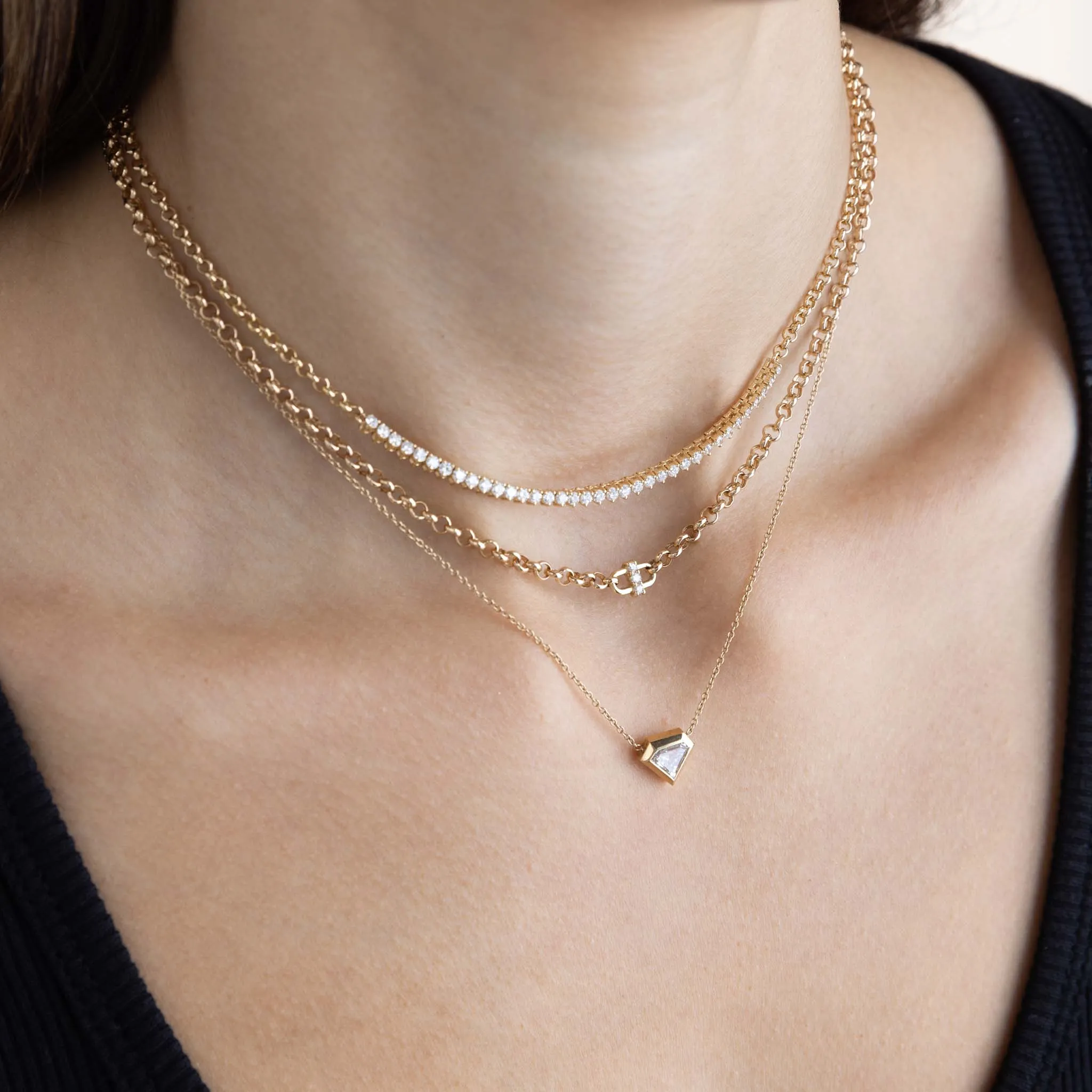 14k 3 Prong Diamond Open Link Medium Rolo Chain Necklace