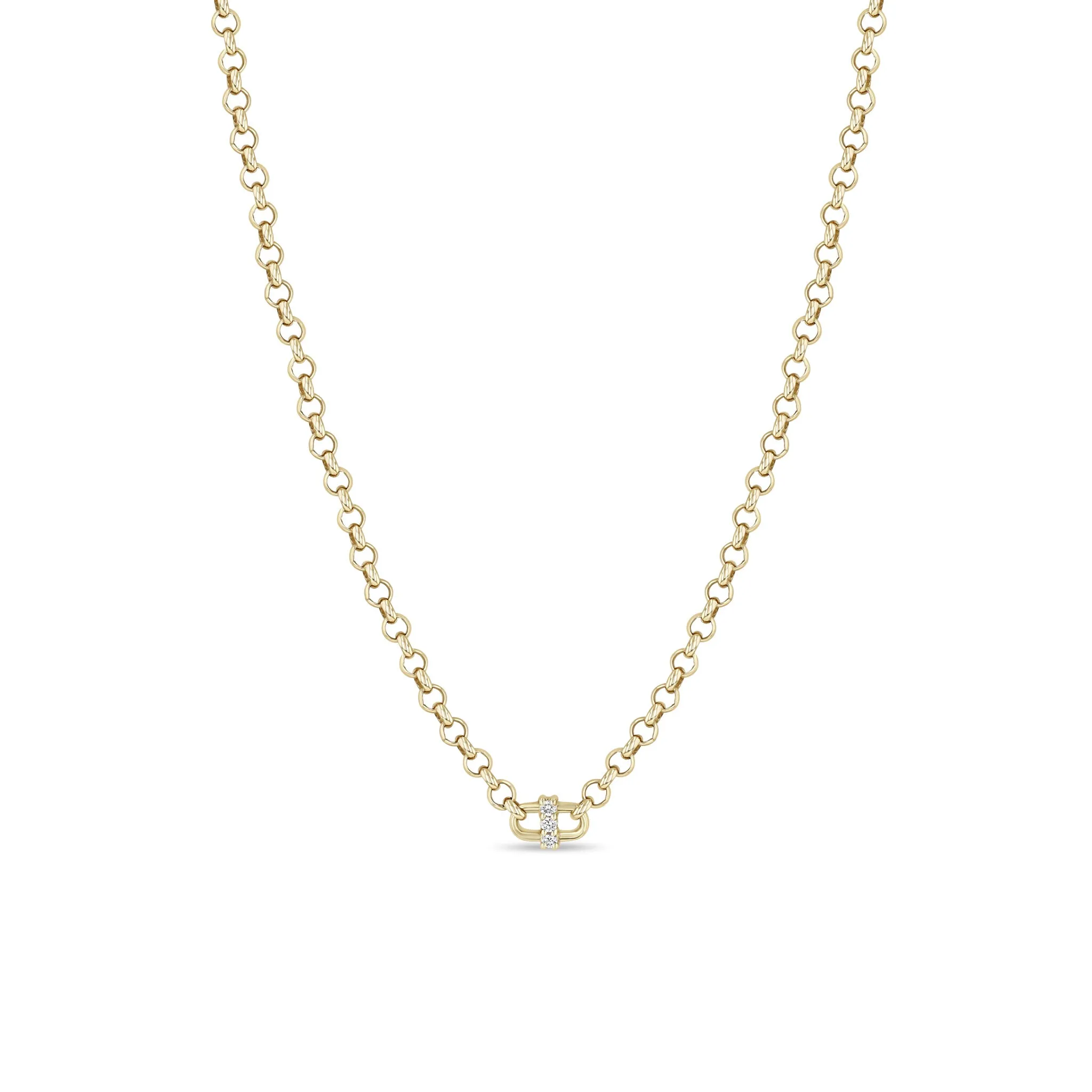 14k 3 Prong Diamond Open Link Medium Rolo Chain Necklace