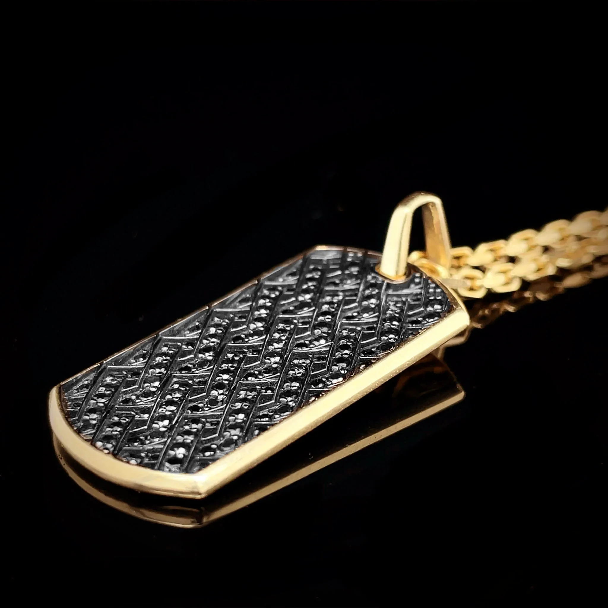 14K Gold Black Diamond Pave Dog Tag Pendant