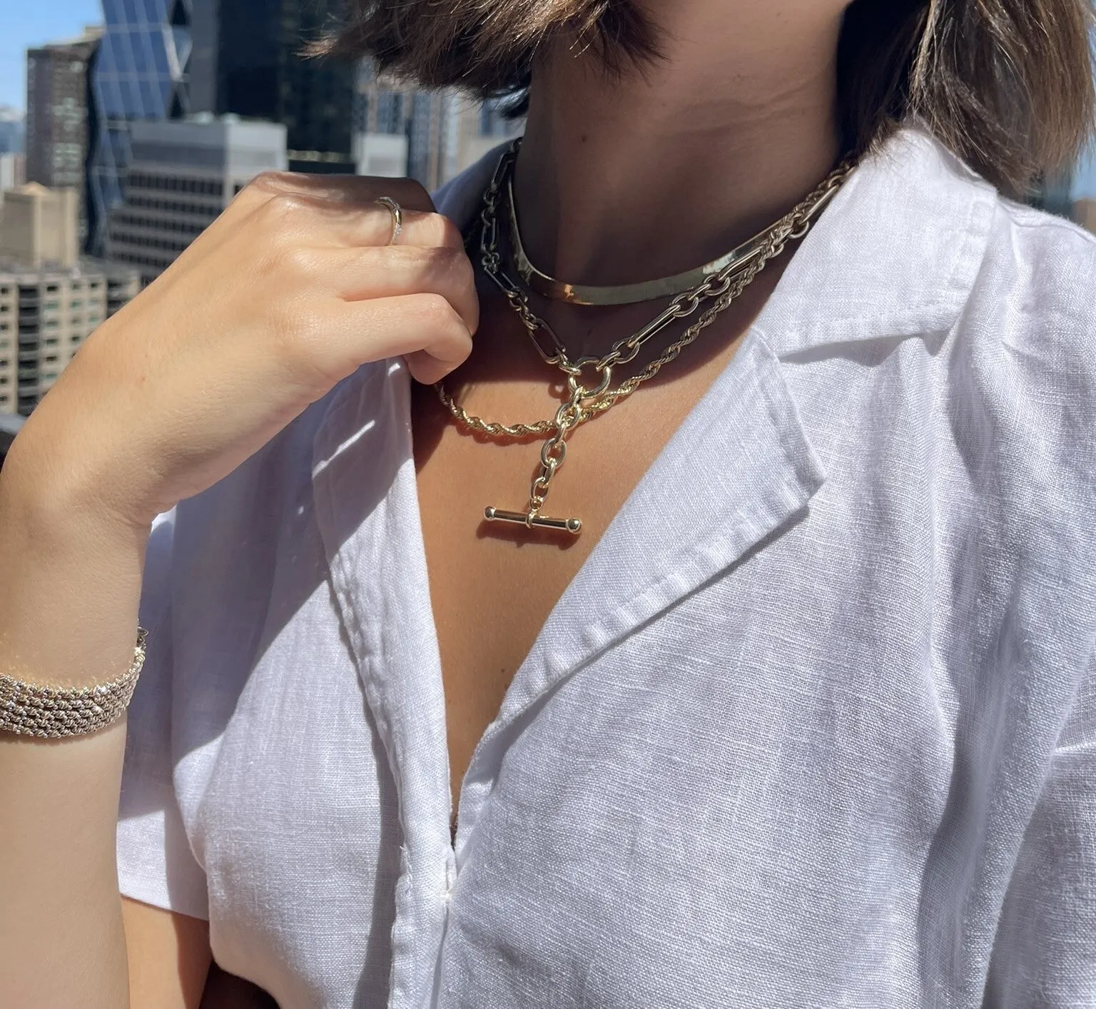 14K Gold Chunky Toggle Drop Link Necklace