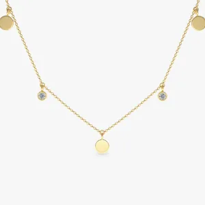 14K Gold Dangling Diamond Disc Necklace