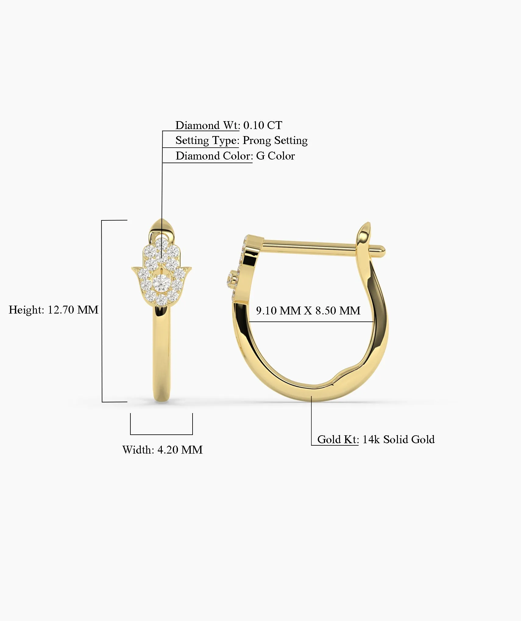 14K Gold Diamond Hamsa Huggie Earrings