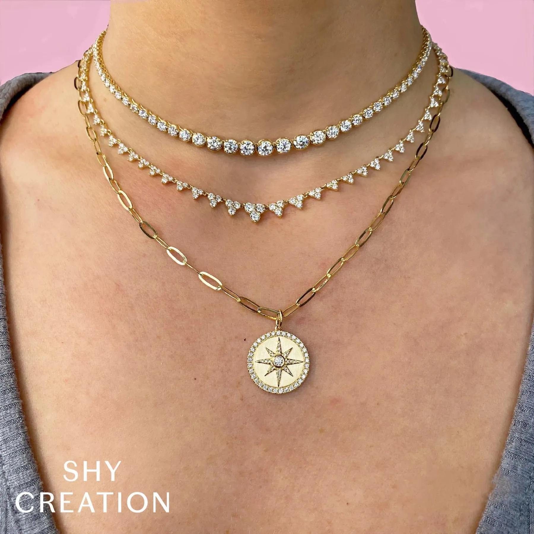 14K Gold Diamond Star Medallion Paperclip Link Pendant Necklace