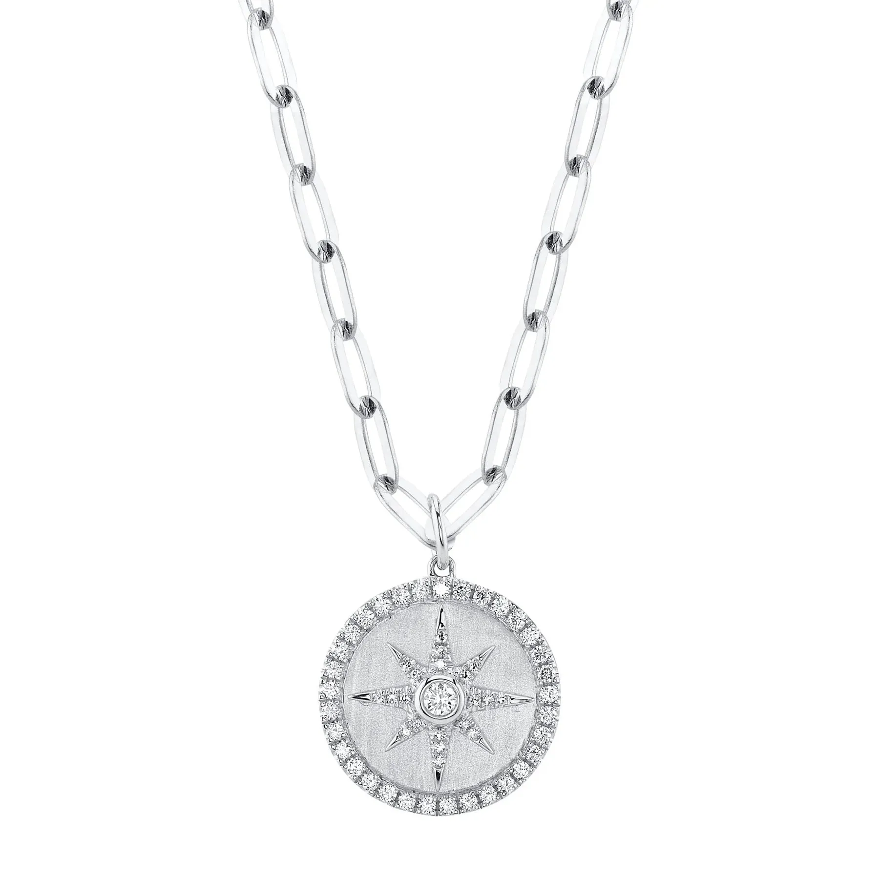 14K Gold Diamond Star Medallion Paperclip Link Pendant Necklace