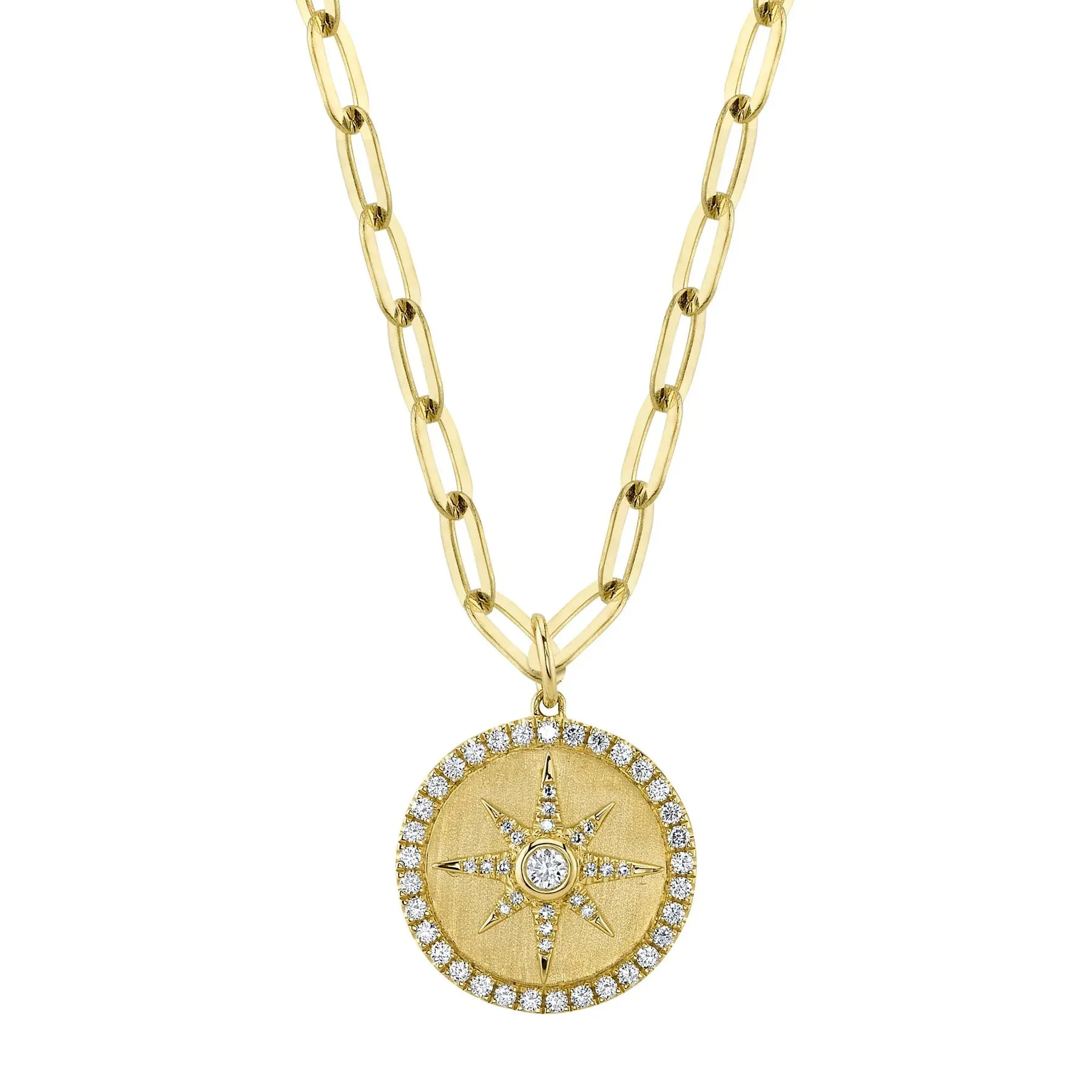 14K Gold Diamond Star Medallion Paperclip Link Pendant Necklace