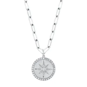 14K Gold Diamond Star Medallion Paperclip Link Pendant Necklace