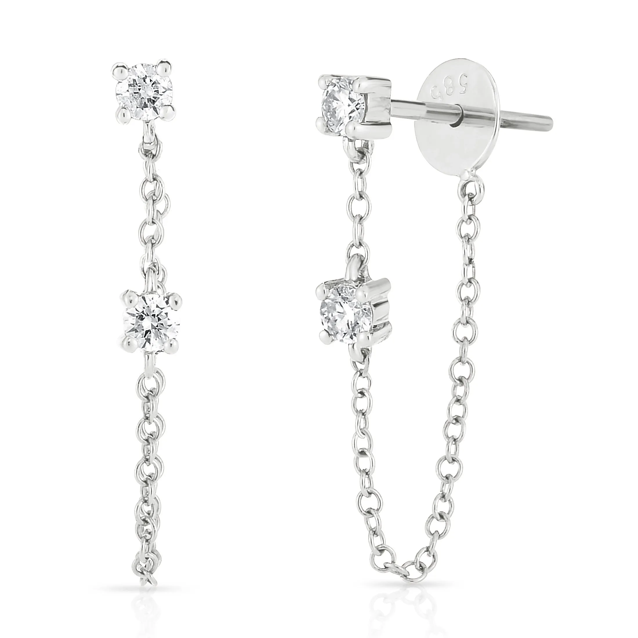 14K Gold Double Diamond Drop Chain Earrings