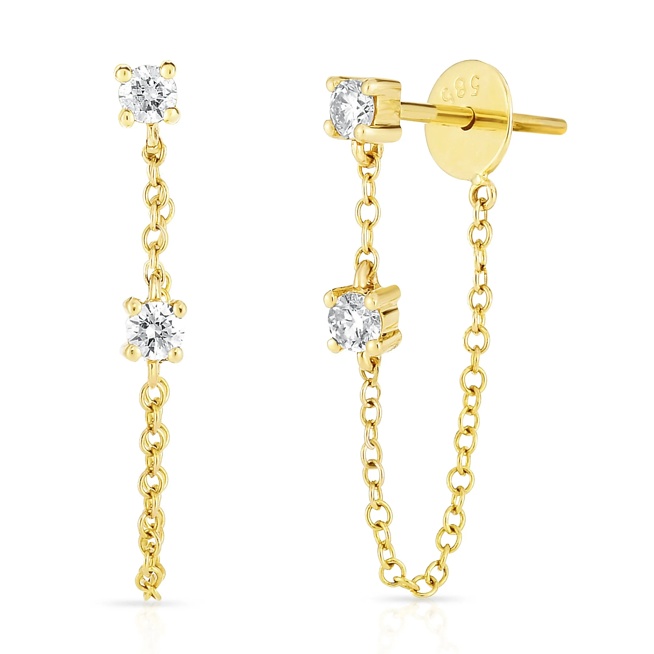 14K Gold Double Diamond Drop Chain Earrings