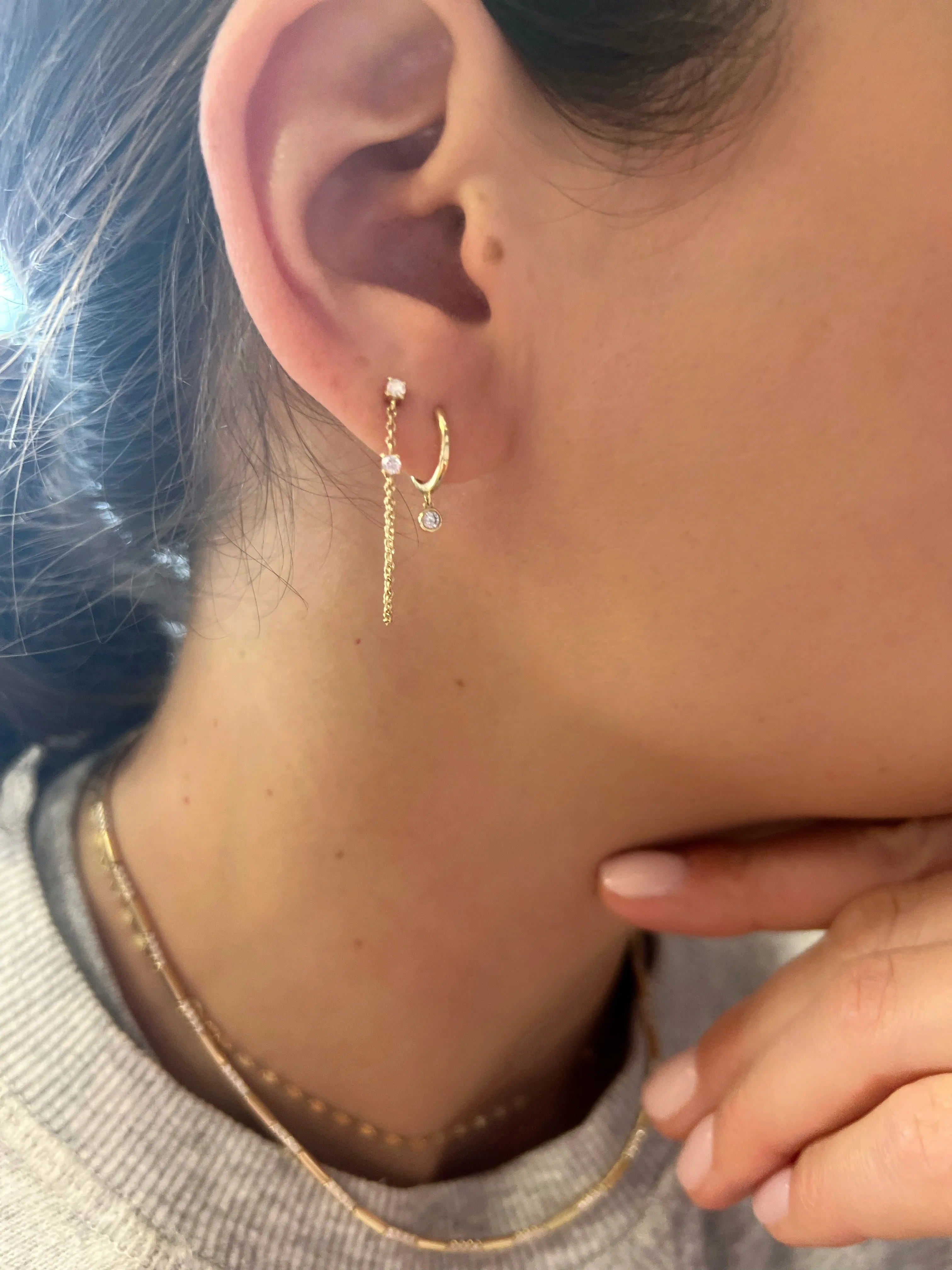 14K Gold Double Diamond Drop Chain Earrings