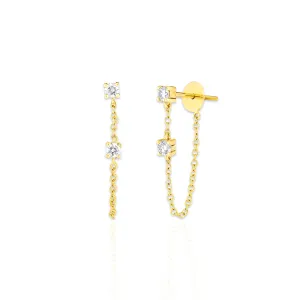 14K Gold Double Diamond Drop Chain Earrings