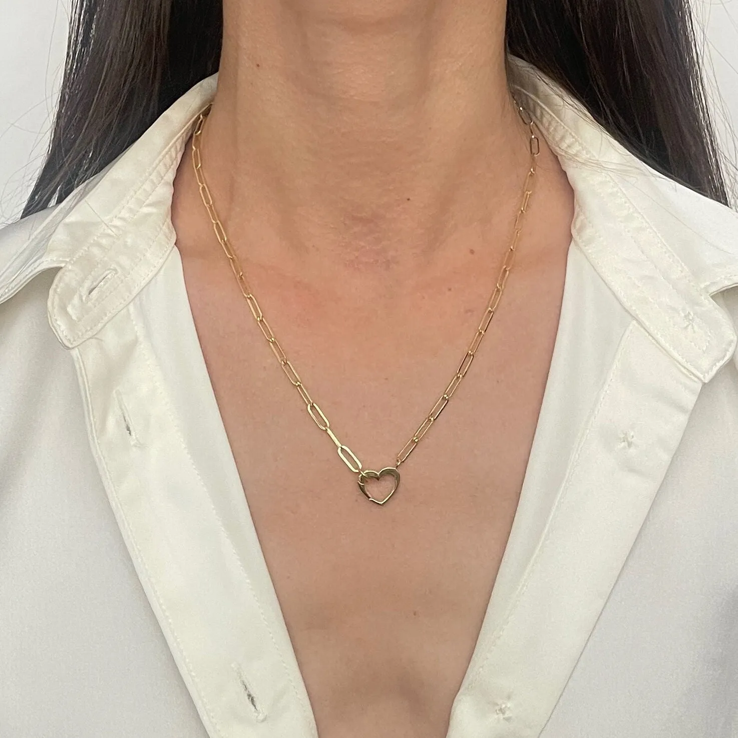 14K Gold Heart Clasp Paperclip Necklace