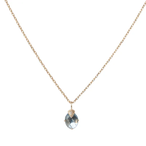 14K Gold "Claw-Set" Oval Aquamarine Necklace with Diamond Details