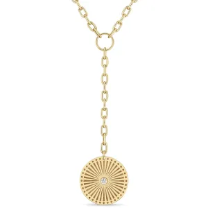 14k Large Sunbeam Diamond Bezel Medallion on Medium Oval Link Lariat