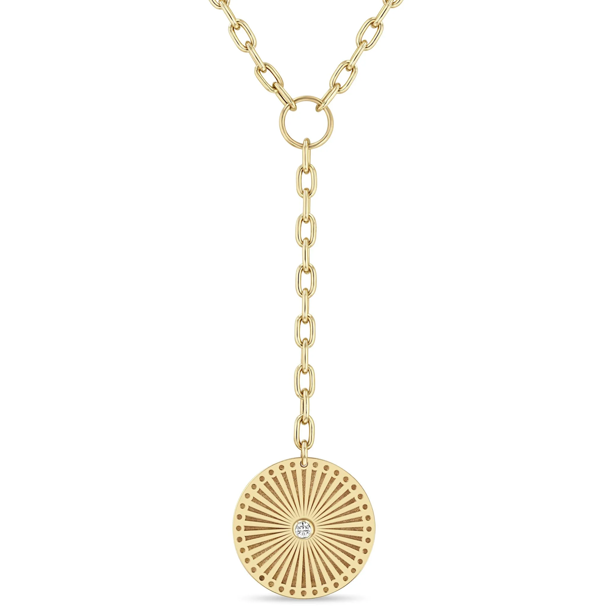 14k Large Sunbeam Diamond Bezel Medallion on Medium Oval Link Lariat